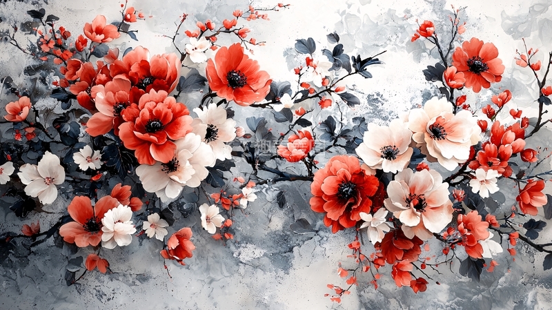 高清大图下载【趣麦麦图】红白花朵水墨画