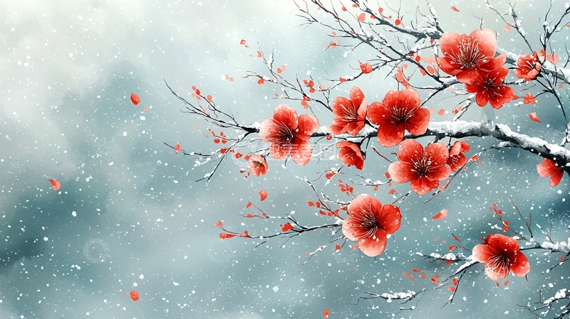 高清大图下载【趣麦麦图】水墨红梅雪景图