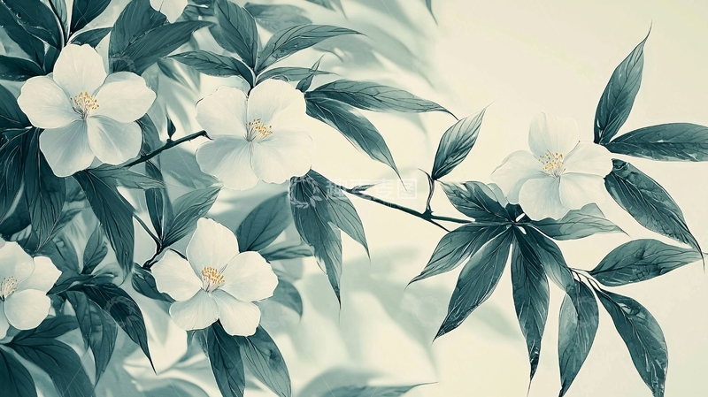 高清大图下载【趣麦麦图】水墨画白花绿叶