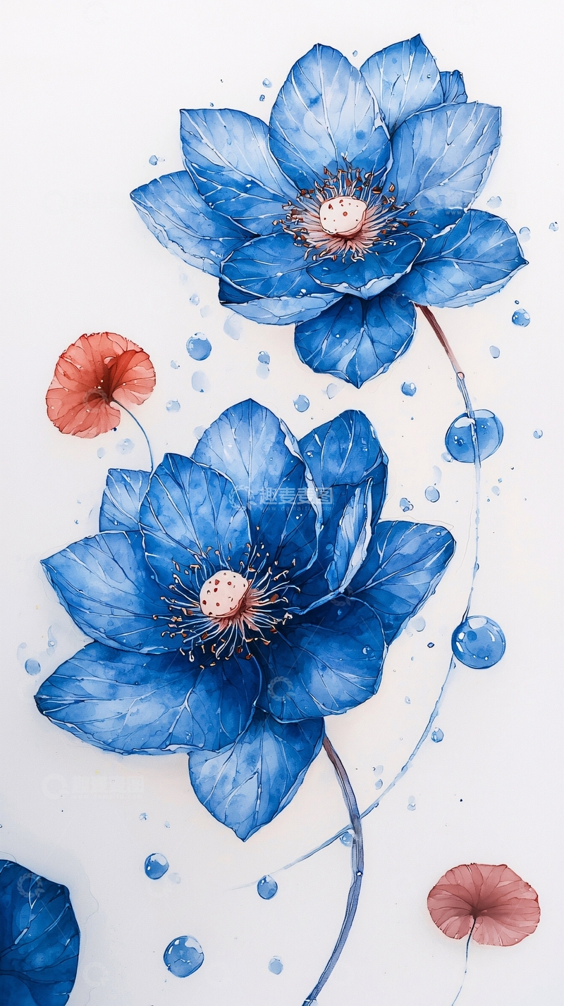 高清大图下载【趣麦麦图】蓝色莲花水彩画