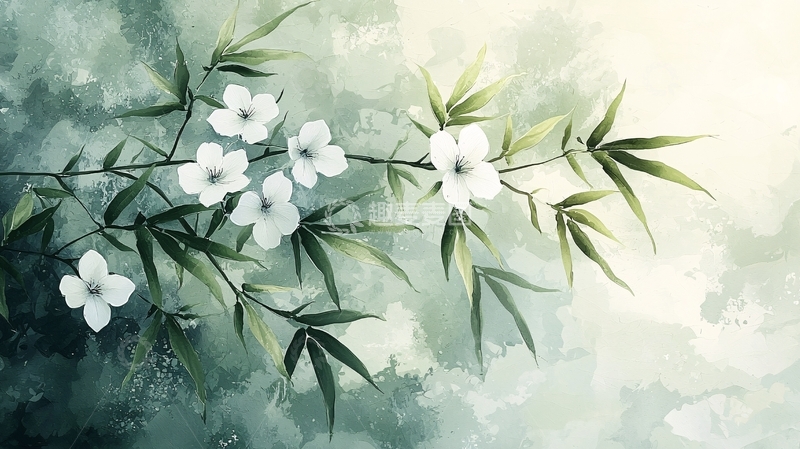 高清大图下载【趣麦麦图】水墨画风格竹枝白花