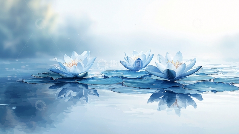 高清大图下载【趣麦麦图】平静水面上的三朵蓝莲花