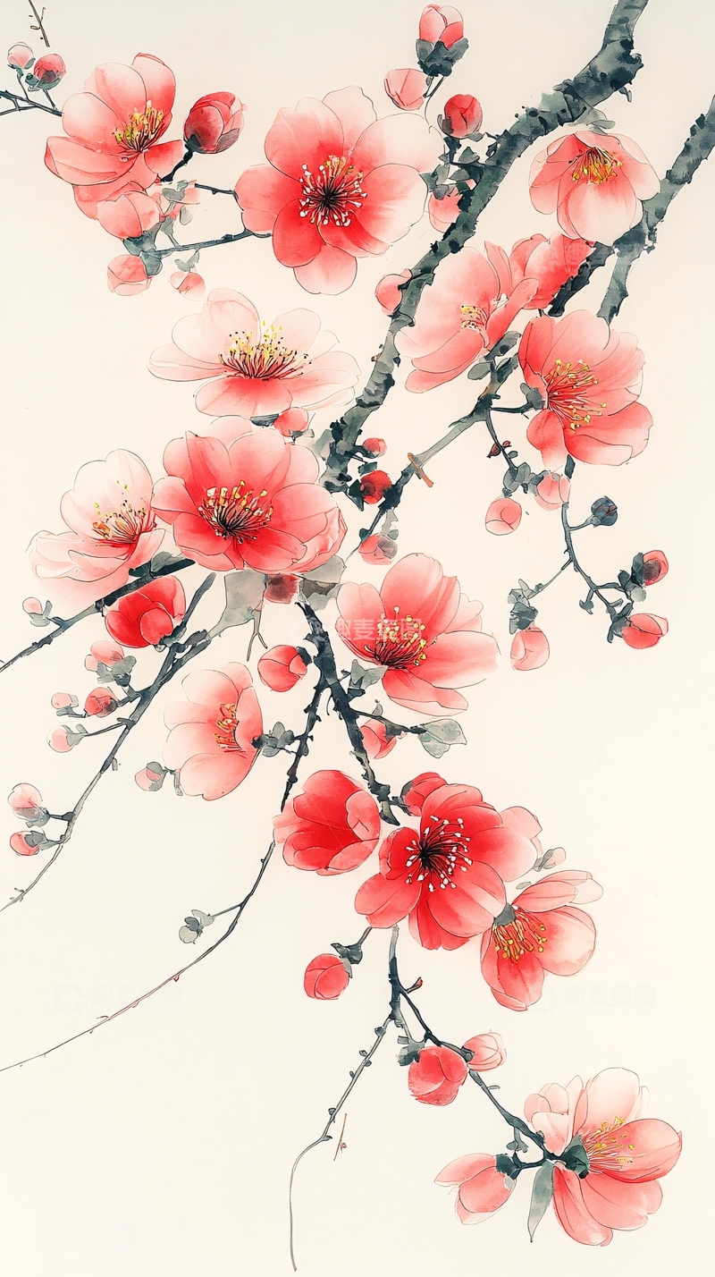 高清大图下载【趣麦麦图】水墨红梅枝条