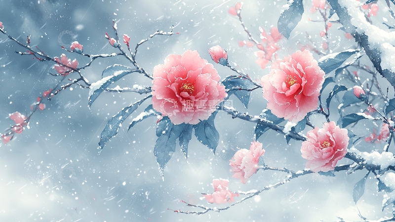 高清大图下载【趣麦麦图】冬日粉红山茶花