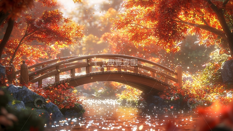 高清大图下载【趣麦麦图】秋日红叶小桥流水