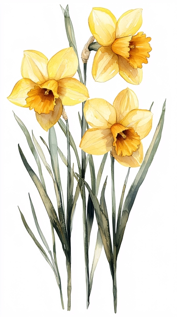 水彩画黄色水仙花