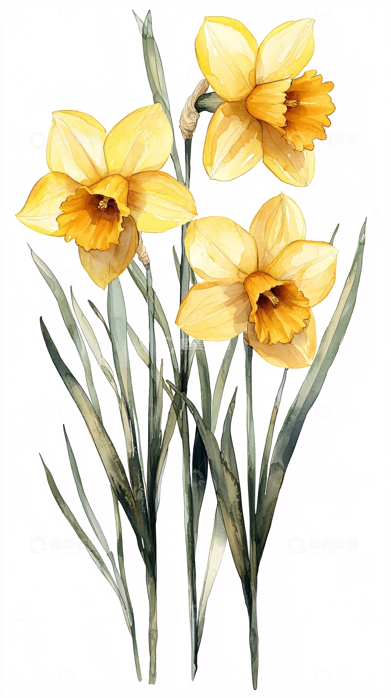 高清大图下载【趣麦麦图】水彩画黄色水仙花