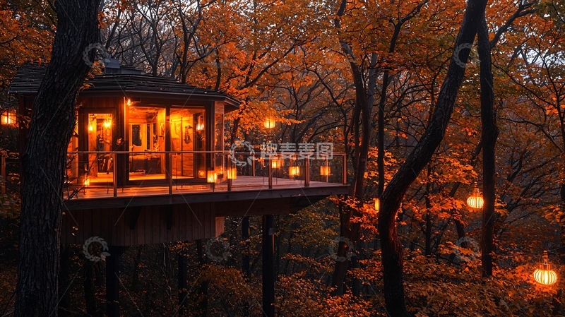 高清大图下载【趣麦麦图】秋日森林树屋夜景