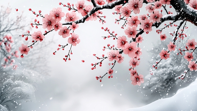 高清大图下载【趣麦麦图】冬日雪景下的粉红梅花