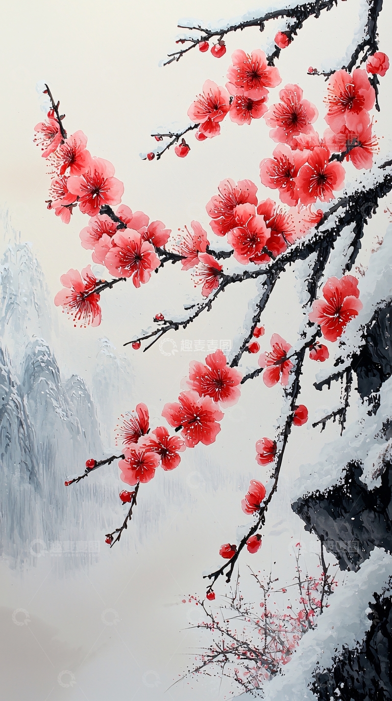 高清大图下载【趣麦麦图】红梅雪景水墨画