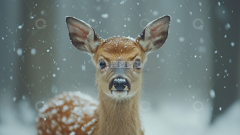 高清大图下载【趣麦麦图】雪中可爱的幼鹿肖像