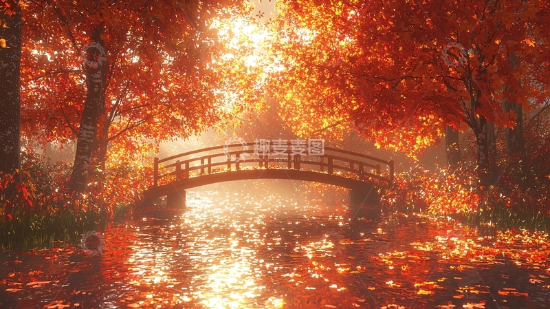 高清大图下载【趣麦麦图】秋日森林小桥流水