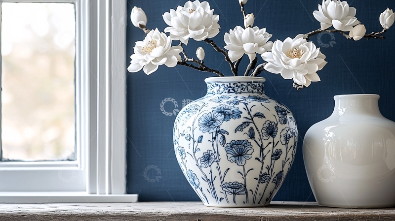 高清大图下载【趣麦麦图】窗边蓝色花瓶白花