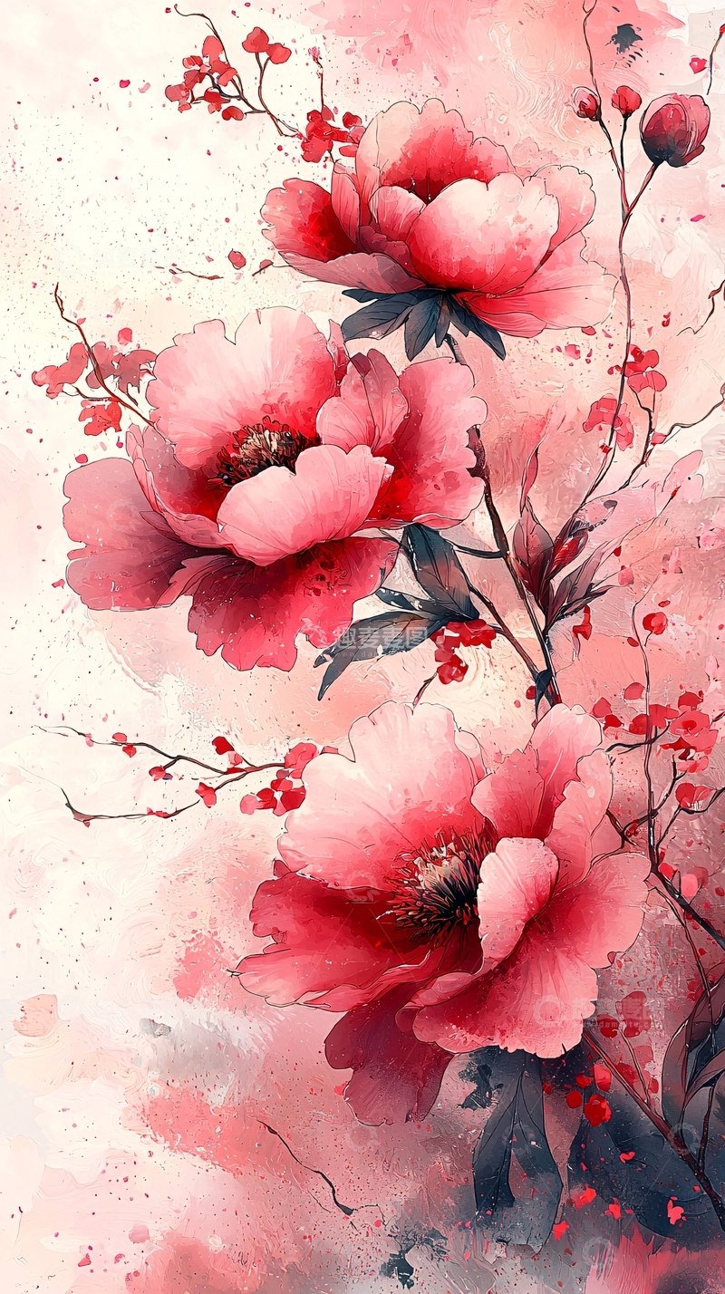 高清大图下载【趣麦麦图】粉色牡丹水彩画