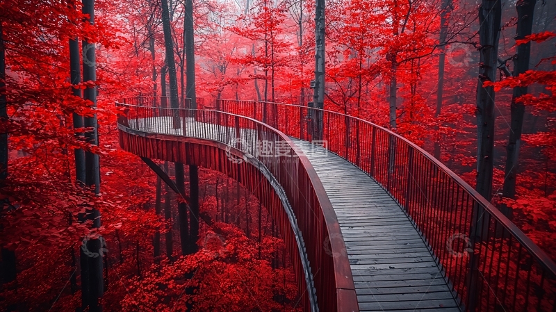 高清大图下载【趣麦麦图】红色森林栈道