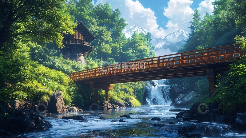 高清大图下载【趣麦麦图】森林木屋瀑布小桥