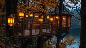 秋日树屋灯光夜景