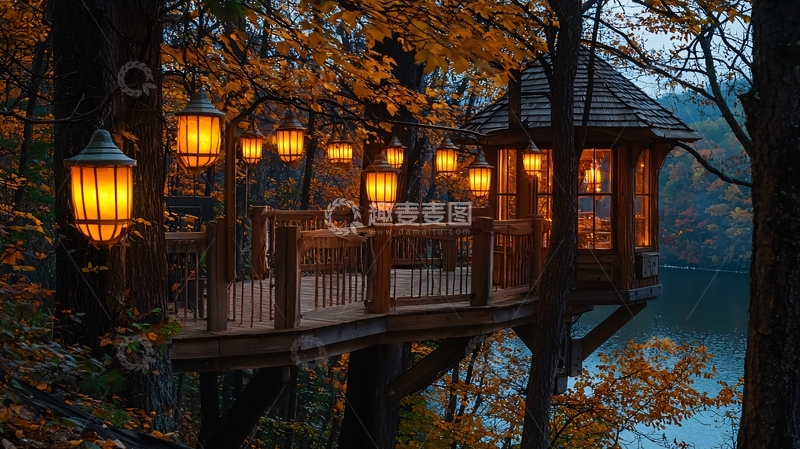 高清大图下载【趣麦麦图】秋日树屋灯光夜景