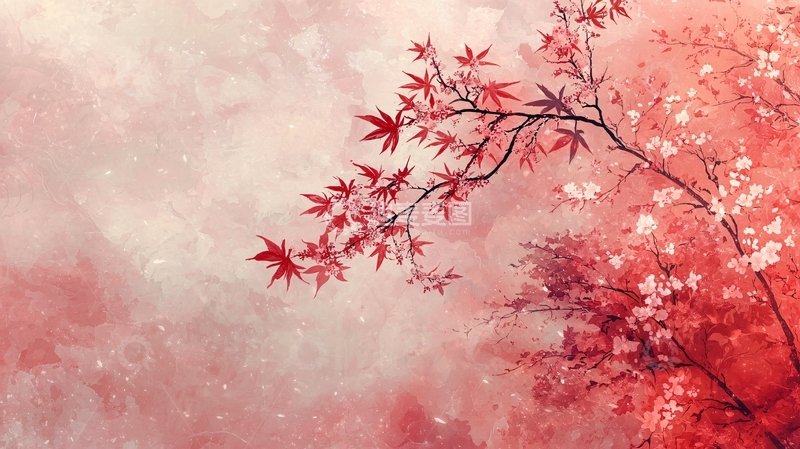 高清大图下载【趣麦麦图】红叶枝条水彩画