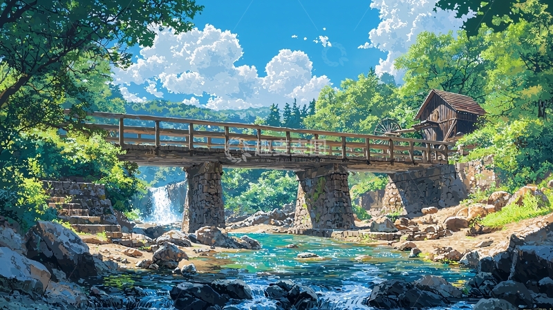 高清大图下载【趣麦麦图】阳光下的木桥流水