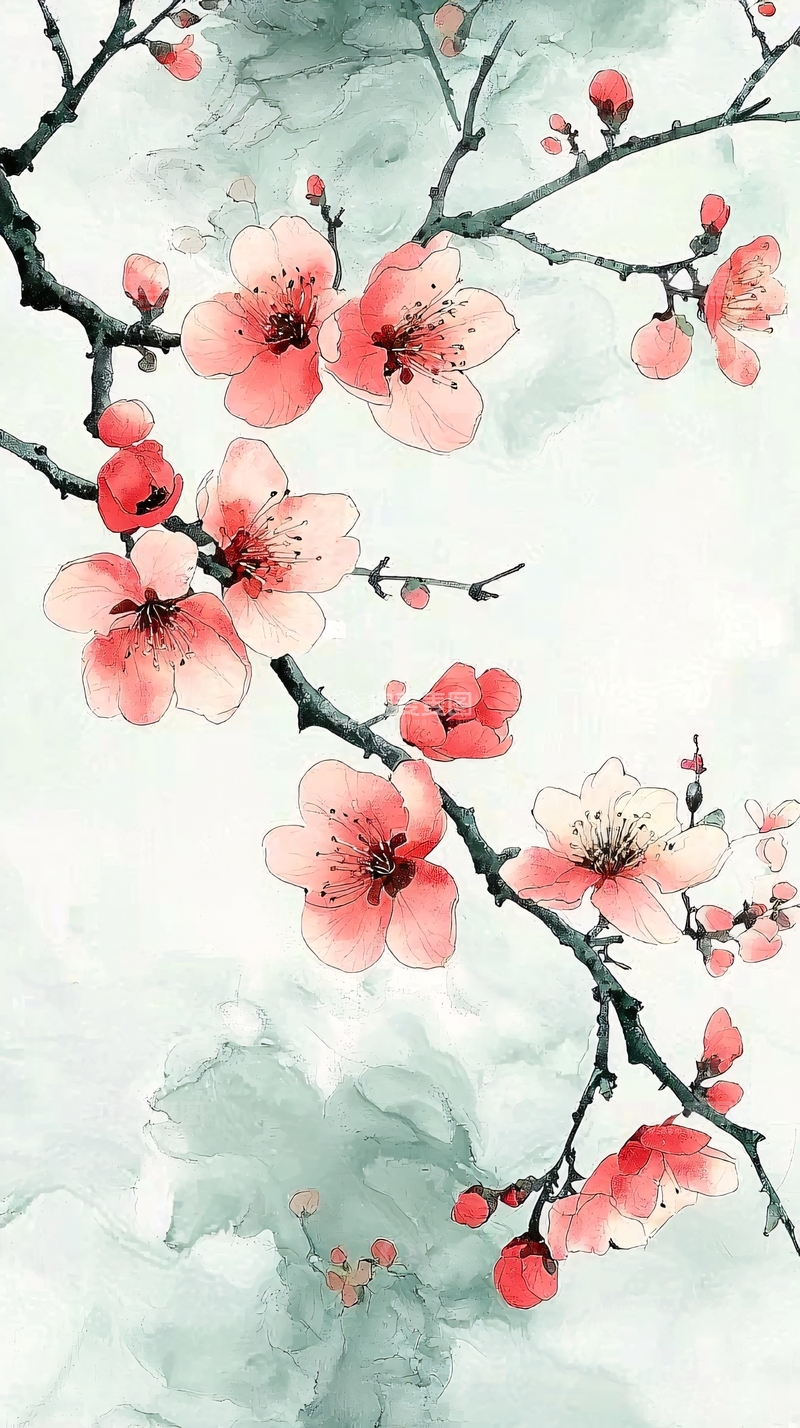 水墨淡彩桃花枝