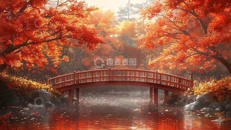 高清大图下载【趣麦麦图】秋日红枫桥流水