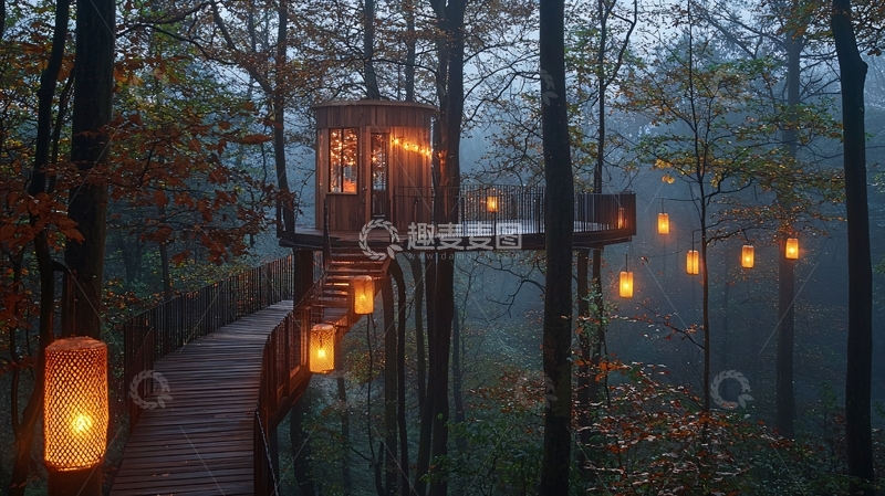 高清大图下载【趣麦麦图】森林树屋夜景