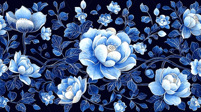 高清大图下载【趣麦麦图】青花瓷花卉图案