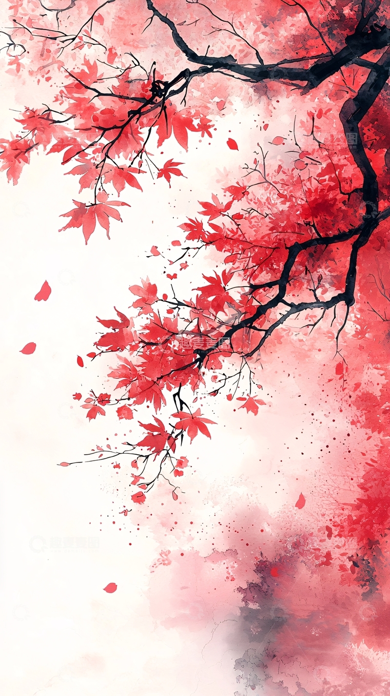 高清大图下载【趣麦麦图】红叶枝头水墨画