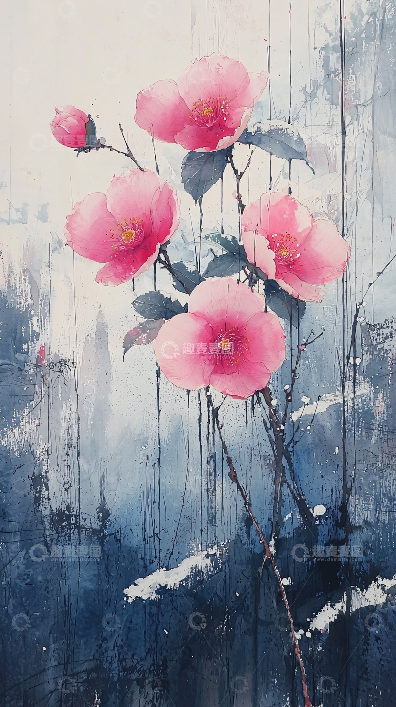 高清大图下载【趣麦麦图】粉红山茶花水彩画