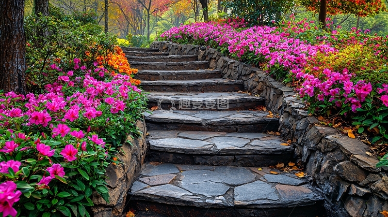 高清大图下载【趣麦麦图】秋日花园石阶花朵