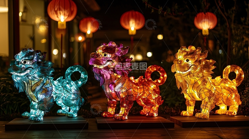 高清大图下载【趣麦麦图】夜间灯光下的彩色中国传统瑞兽