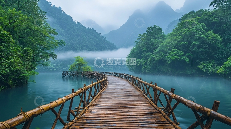 高清大图下载【趣麦麦图】雾气缭绕的山水桥