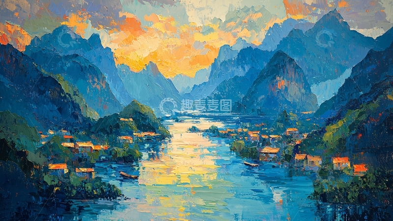 高清大图下载【趣麦麦图】蓝色山脉河流村庄