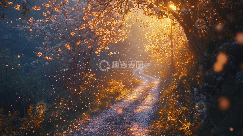 高清大图下载【趣麦麦图】金色光辉下的林间小路