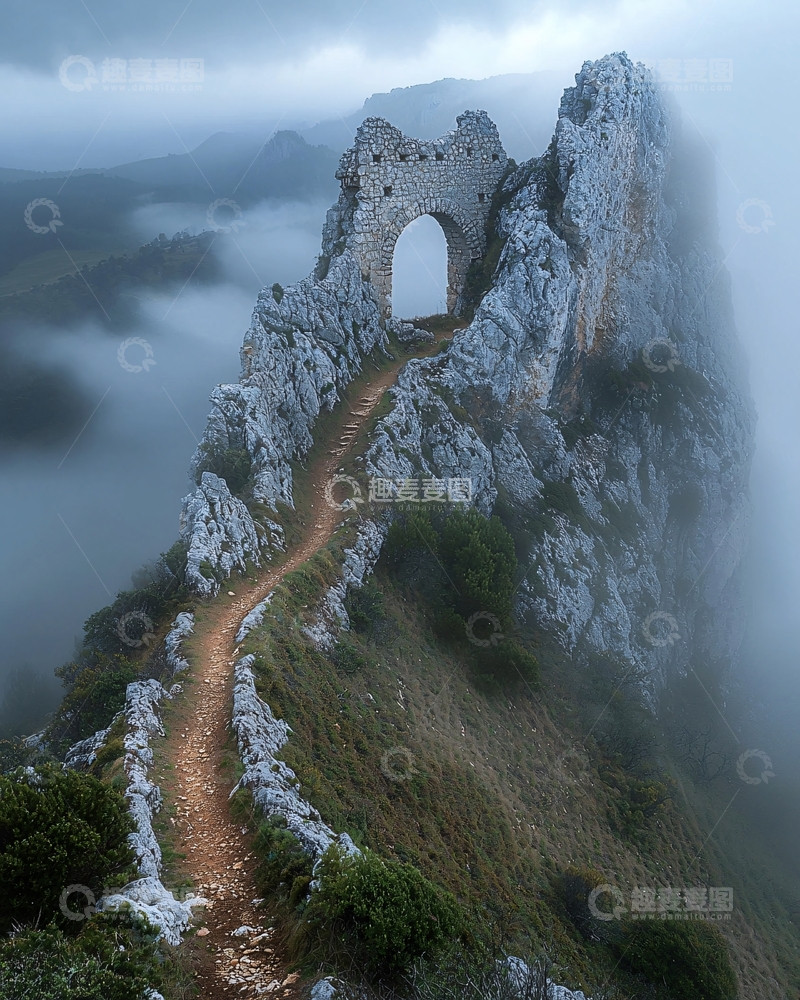 高清大图下载【趣麦麦图】山顶残破城堡在雾中