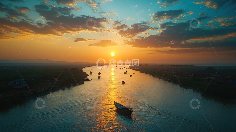 高清大图下载【趣麦麦图】夕阳西下河流航船