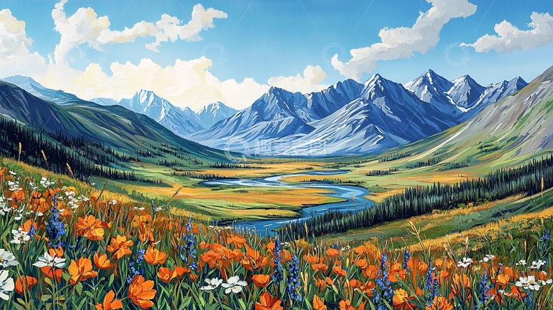 高清大图下载【趣麦麦图】山谷鲜花盛开的山脉景观