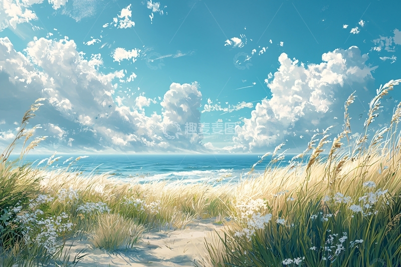 高清大图下载【趣麦麦图】海边草地云朵的清新风景