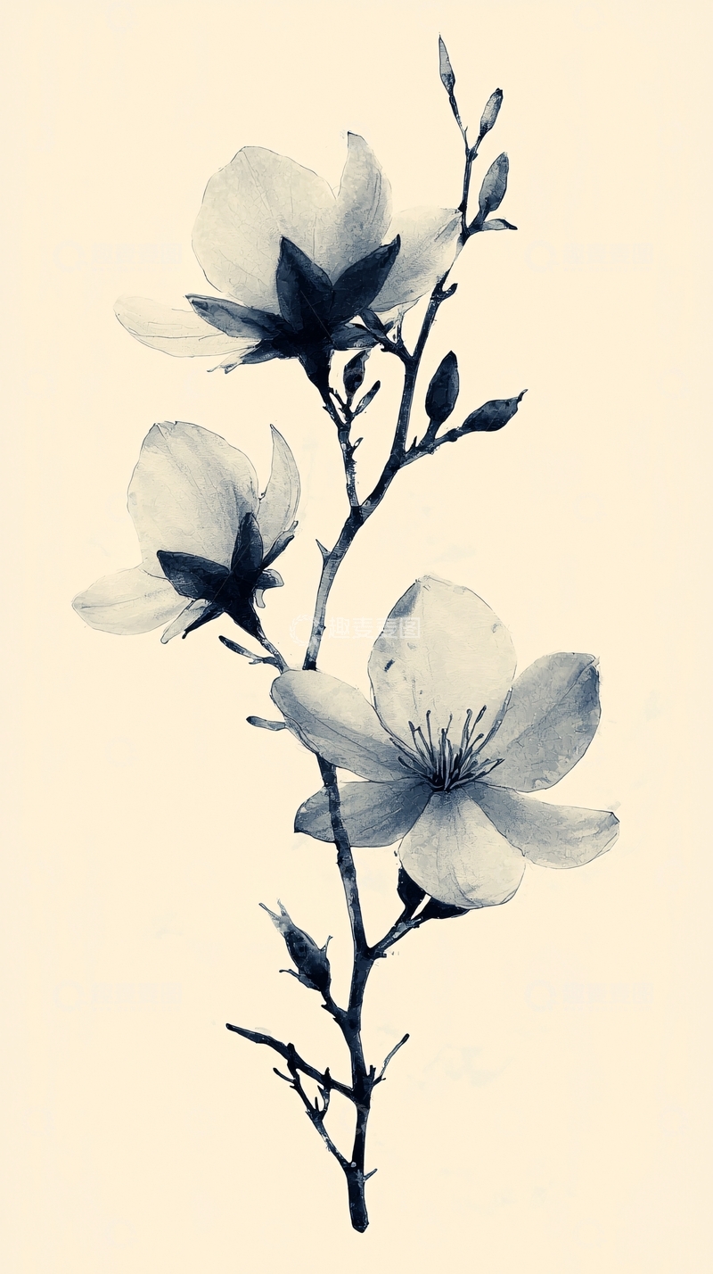 水墨画风格的玉兰花枝条