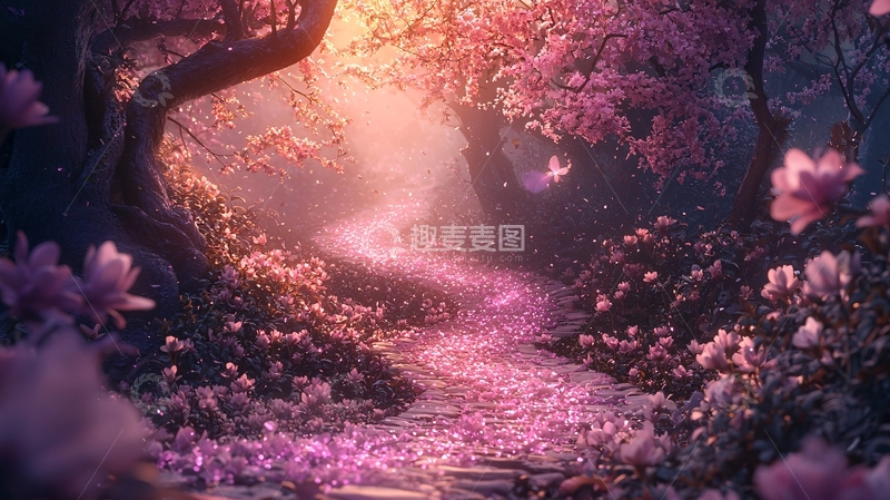 高清大图下载【趣麦麦图】梦幻粉色樱花树林小路