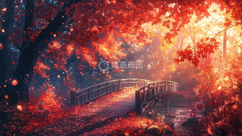 高清大图下载【趣麦麦图】秋日红叶小桥流水