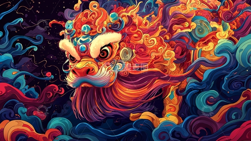 高清大图下载【趣麦麦图】彩色祥瑞神兽狮子