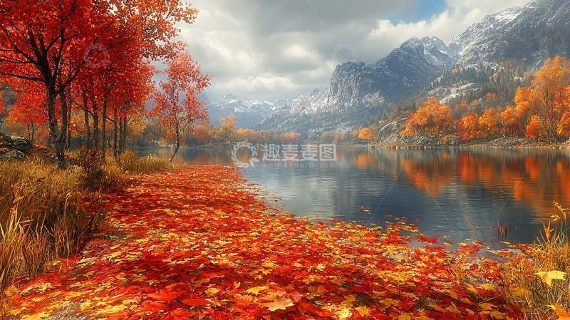 高清大图下载【趣麦麦图】秋日湖边红叶美景