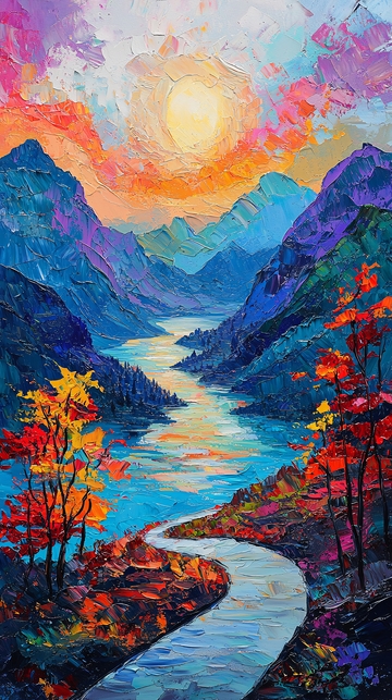 彩色山川河流风景画