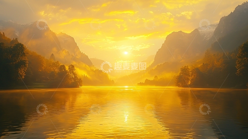 高清大图下载【趣麦麦图】金色阳光下的山谷湖泊