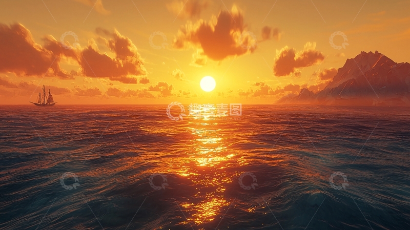 高清大图下载【趣麦麦图】海边日落帆船风景