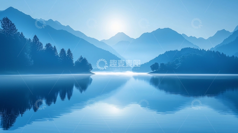 高清大图下载【趣麦麦图】蓝色湖泊山脉日出