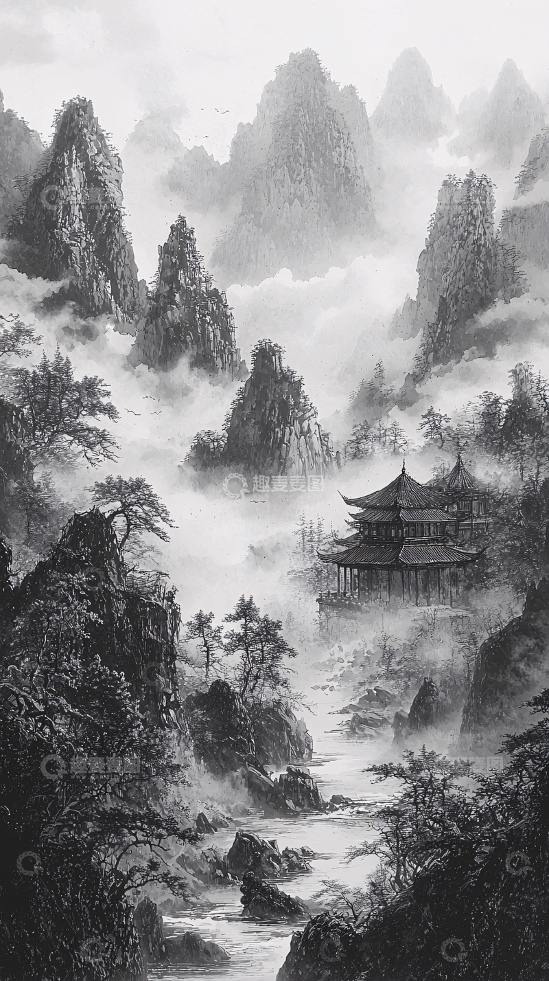 高清大图下载【趣麦麦图】水墨山水画意境深远