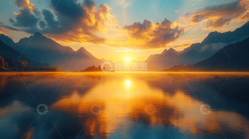 高清大图下载【趣麦麦图】日出山峰湖泊倒影